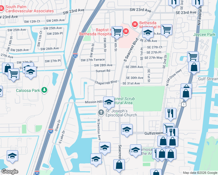 map of restaurants, bars, coffee shops, grocery stores, and more near 515 Whispering Pines Road in Boynton Beach