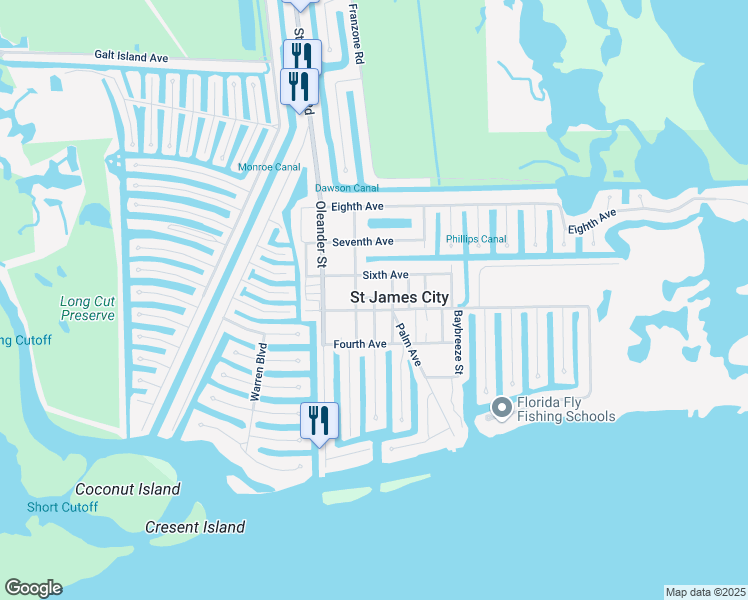 map of restaurants, bars, coffee shops, grocery stores, and more near 2521 Date Street in Saint James City