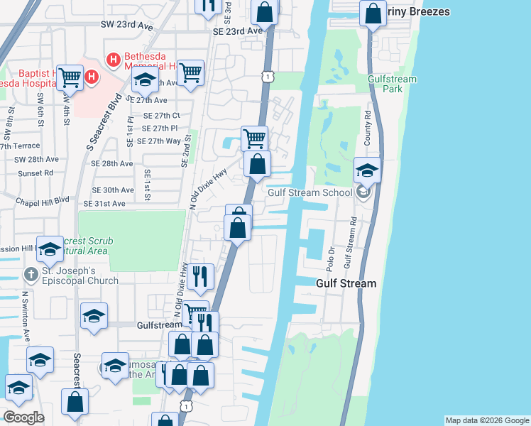 map of restaurants, bars, coffee shops, grocery stores, and more near 3151 Waterside Circle in Boynton Beach