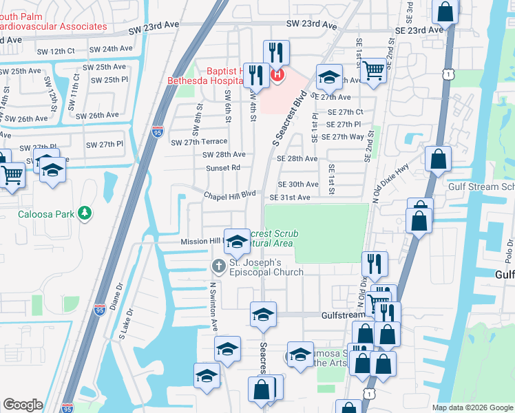 map of restaurants, bars, coffee shops, grocery stores, and more near 3135 South Seacrest Boulevard in Boynton Beach