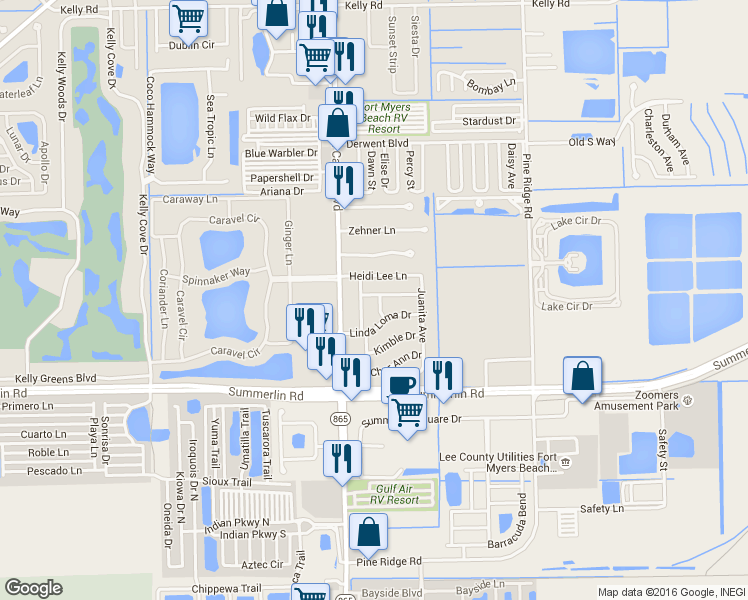 map of restaurants, bars, coffee shops, grocery stores, and more near 16770 Gina Way in Fort Myers