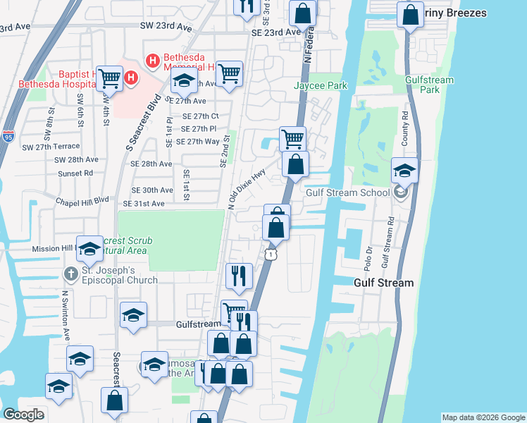 map of restaurants, bars, coffee shops, grocery stores, and more near 115 Miller Road in Delray Beach