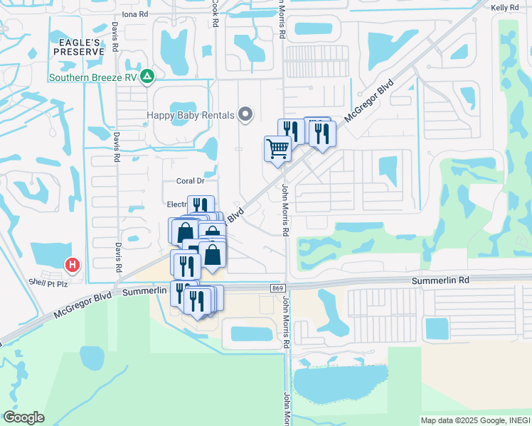 map of restaurants, bars, coffee shops, grocery stores, and more near 16791 Palm Road in Fort Myers