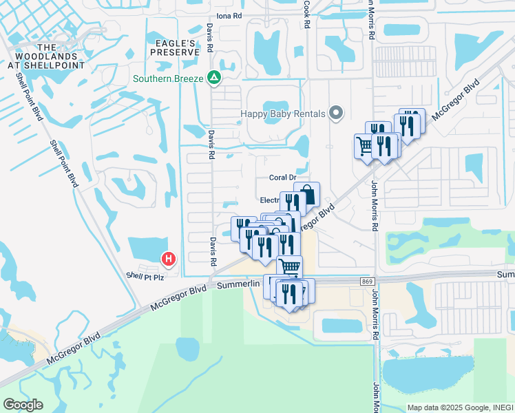 map of restaurants, bars, coffee shops, grocery stores, and more near 13411 Electron Drive in Fort Myers