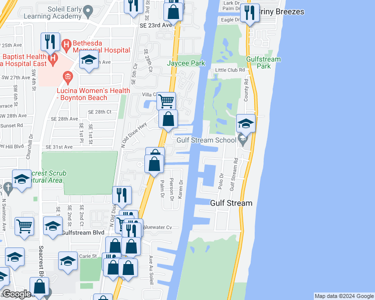 map of restaurants, bars, coffee shops, grocery stores, and more near 3071 Waterside Circle in Boynton Beach