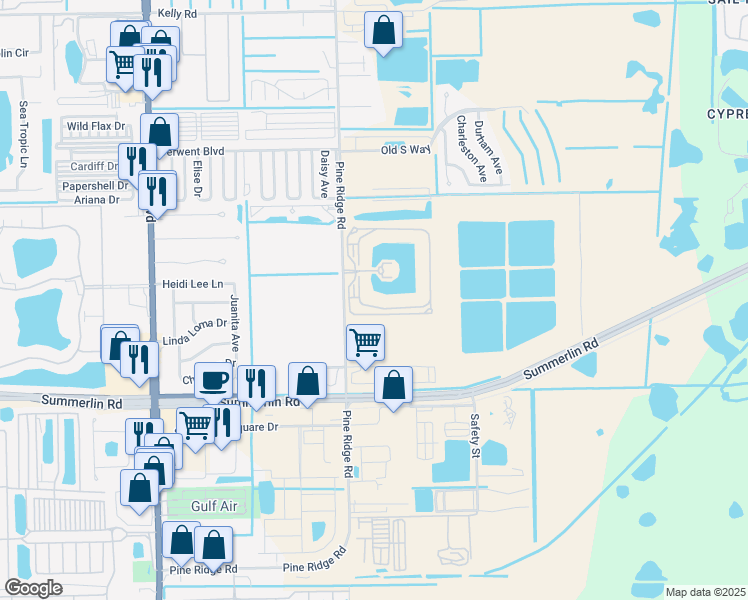 map of restaurants, bars, coffee shops, grocery stores, and more near 16585 Lake Circle Drive in Fort Myers