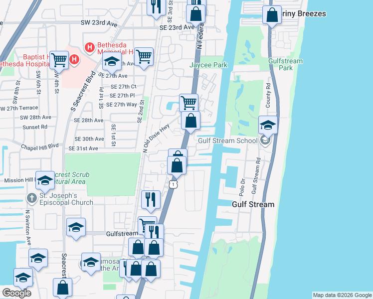 map of restaurants, bars, coffee shops, grocery stores, and more near 3106 Waterside Circle in Boynton Beach