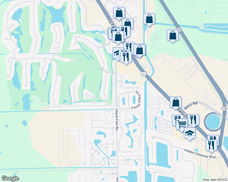map of restaurants, bars, coffee shops, grocery stores, and more near 16718 Bobcat Drive in Fort Myers