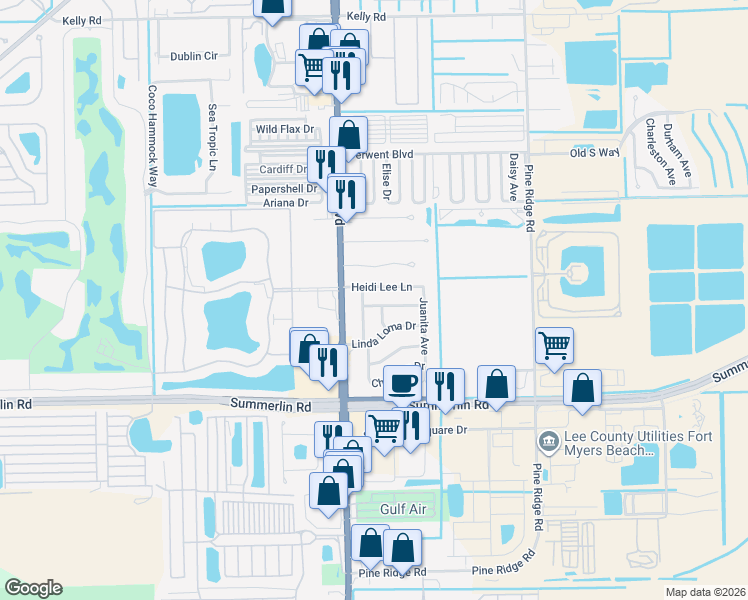 map of restaurants, bars, coffee shops, grocery stores, and more near 11410 Luanne Lane in Fort Myers