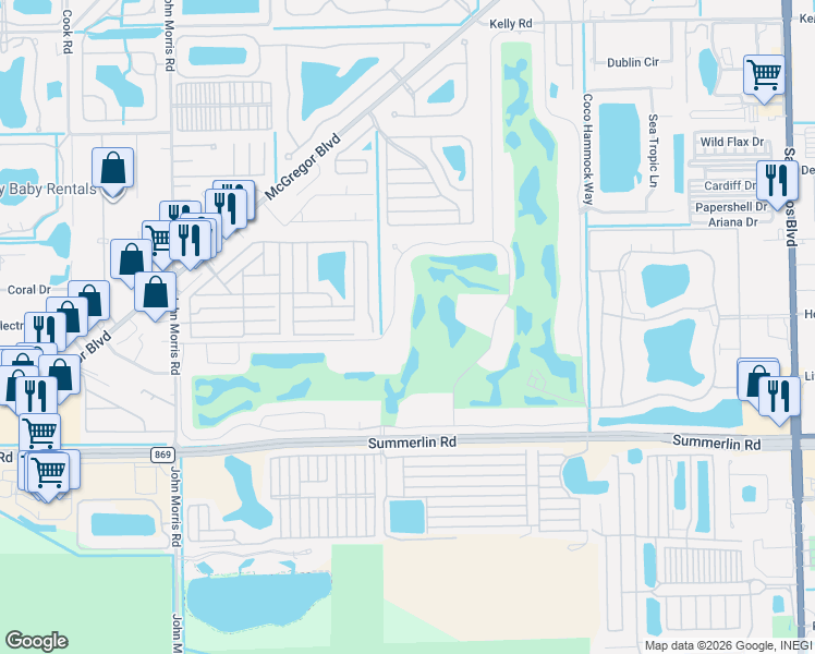 map of restaurants, bars, coffee shops, grocery stores, and more near 12615 Kelly Sands Way in Fort Myers