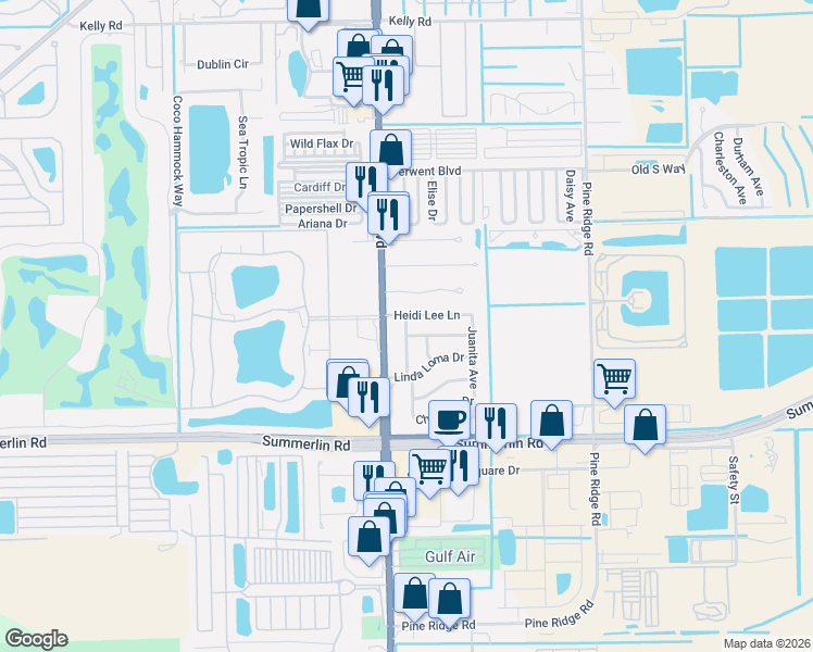 map of restaurants, bars, coffee shops, grocery stores, and more near 16770 Gina Way in Fort Myers