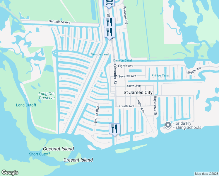map of restaurants, bars, coffee shops, grocery stores, and more near 2581 Oleander Street in Saint James City