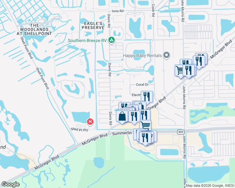 map of restaurants, bars, coffee shops, grocery stores, and more near 16751 Coconut Key Drive in Fort Myers