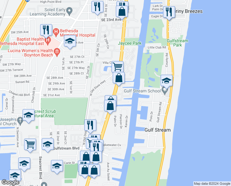 map of restaurants, bars, coffee shops, grocery stores, and more near S Federal Hwy & Waterside Cir in Boynton Beach
