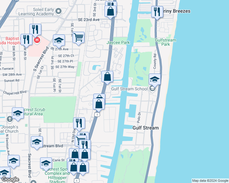 map of restaurants, bars, coffee shops, grocery stores, and more near 3029 Waterside Circle in Boynton Beach