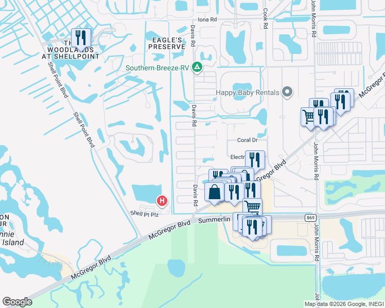 map of restaurants, bars, coffee shops, grocery stores, and more near 13611 Nightbird Drive in Fort Myers