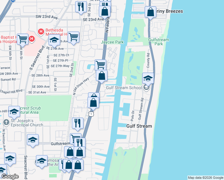 map of restaurants, bars, coffee shops, grocery stores, and more near 3041 Waterside Circle in Boynton Beach