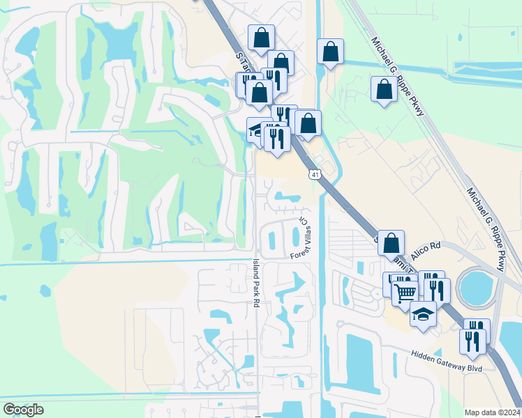 map of restaurants, bars, coffee shops, grocery stores, and more near 6012 Timberwood Circle in Fort Myers