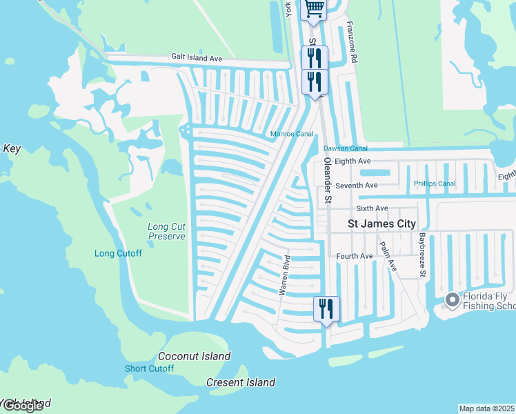 map of restaurants, bars, coffee shops, grocery stores, and more near 2682 York Road in Saint James City