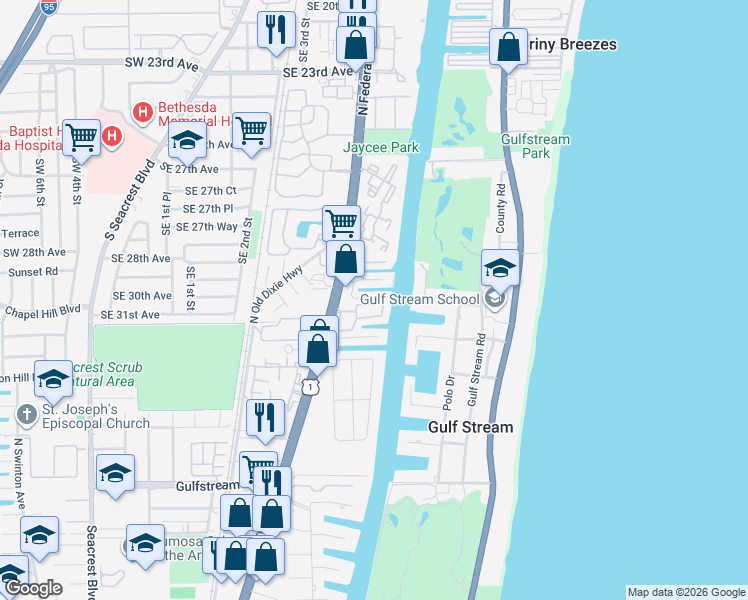 map of restaurants, bars, coffee shops, grocery stores, and more near 3032 Waterside Circle in Boynton Beach