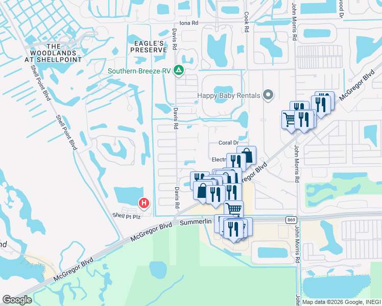 map of restaurants, bars, coffee shops, grocery stores, and more near 13425 Pine Needle Lane in Fort Myers