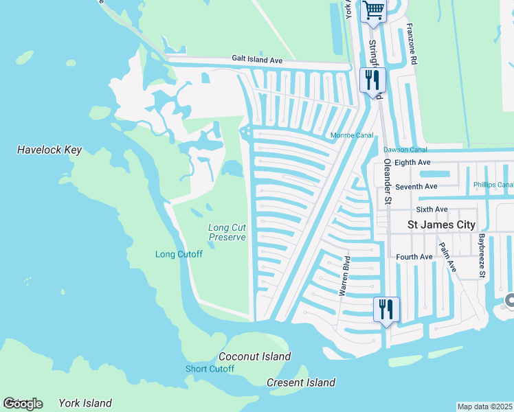 map of restaurants, bars, coffee shops, grocery stores, and more near 3977 Coconut Drive in Saint James City