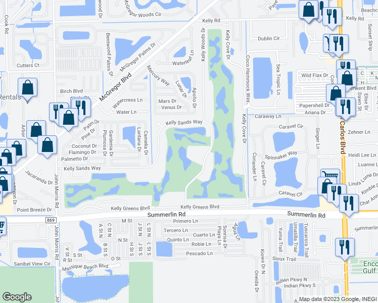 map of restaurants, bars, coffee shops, grocery stores, and more near 12290 Kelly Sands Way in Fort Myers