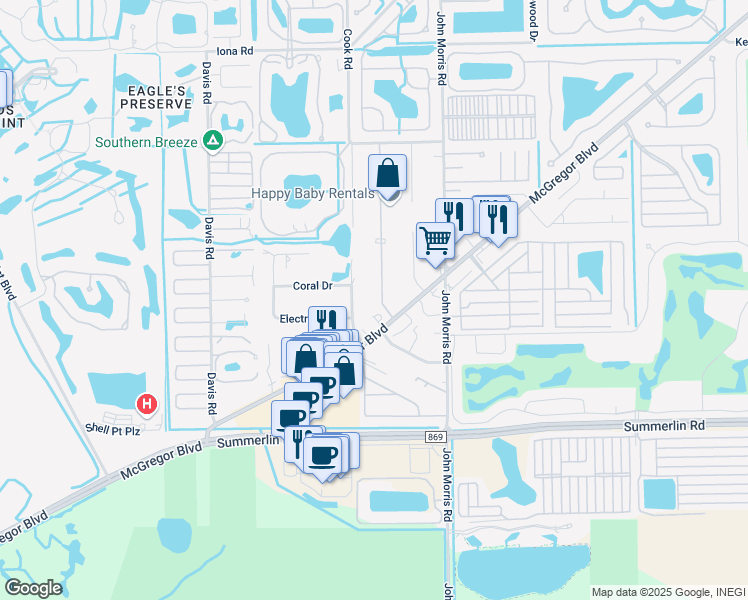 map of restaurants, bars, coffee shops, grocery stores, and more near 16660 Arbor Ridge Drive in Fort Myers