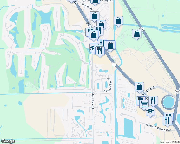 map of restaurants, bars, coffee shops, grocery stores, and more near 16708 Bobcat Drive in Fort Myers