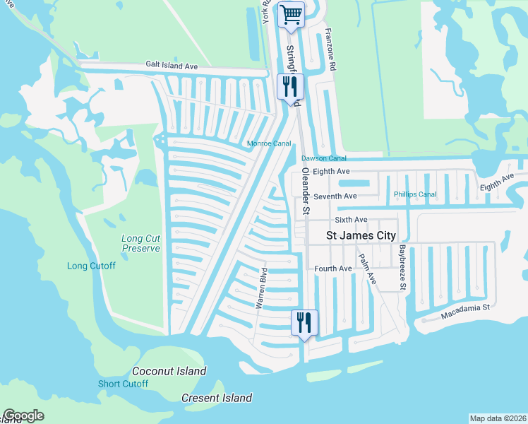 map of restaurants, bars, coffee shops, grocery stores, and more near 3660 Schooner Lane in Saint James City