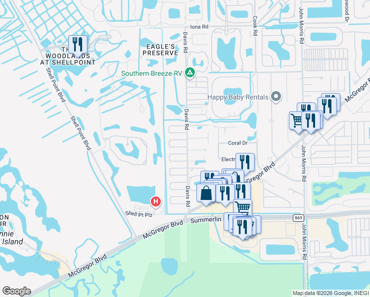map of restaurants, bars, coffee shops, grocery stores, and more near 13611 Nightbird Drive in Fort Myers