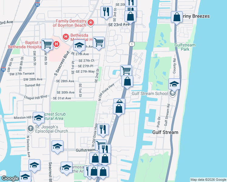 map of restaurants, bars, coffee shops, grocery stores, and more near 3804 Wall Street in Delray Beach