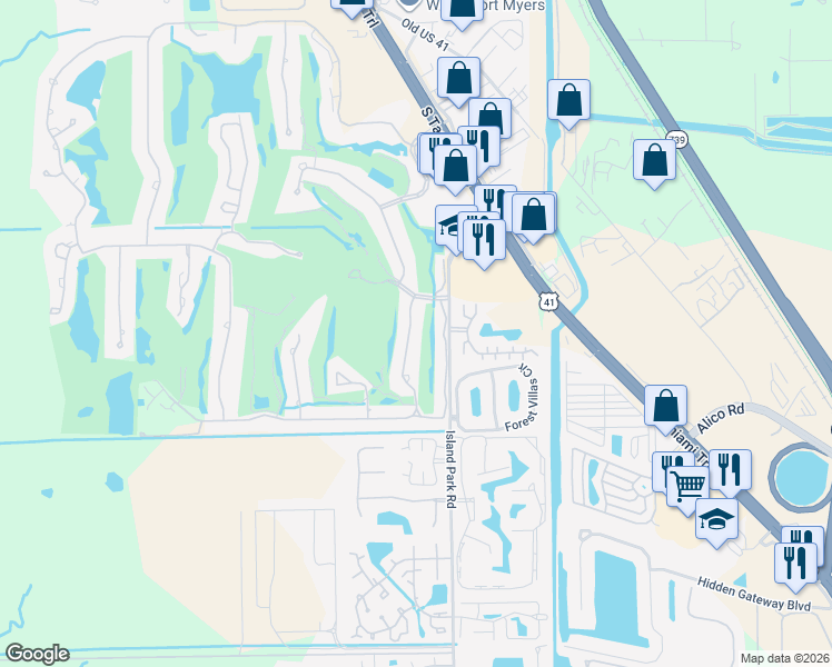 map of restaurants, bars, coffee shops, grocery stores, and more near 16708 Bobcat Drive in Fort Myers
