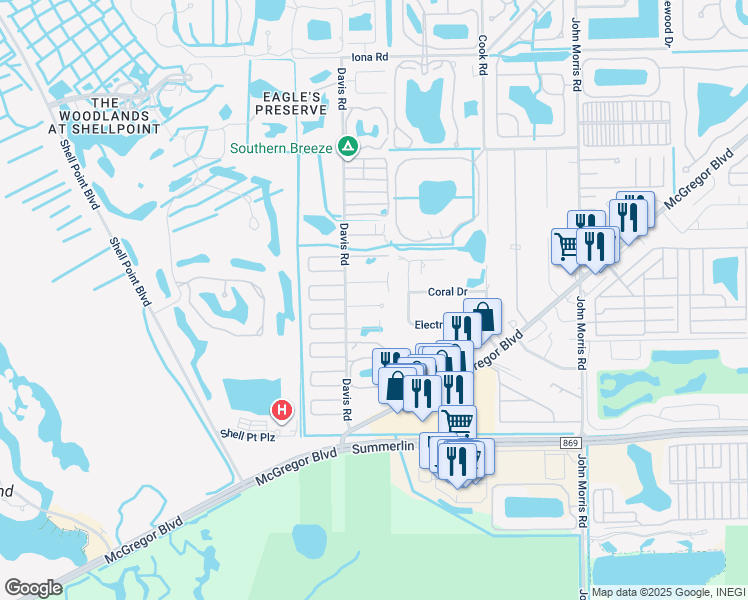 map of restaurants, bars, coffee shops, grocery stores, and more near 13425 Pine Needle Lane in Fort Myers