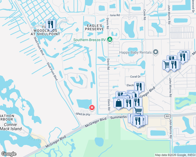 map of restaurants, bars, coffee shops, grocery stores, and more near 13701 Nightbird Drive in Fort Myers