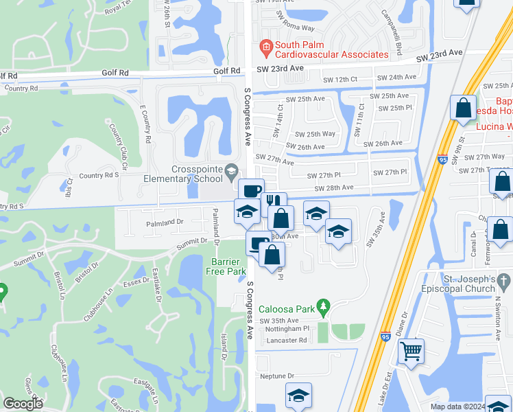 map of restaurants, bars, coffee shops, grocery stores, and more near 3000 South Congress Avenue in Boynton Beach