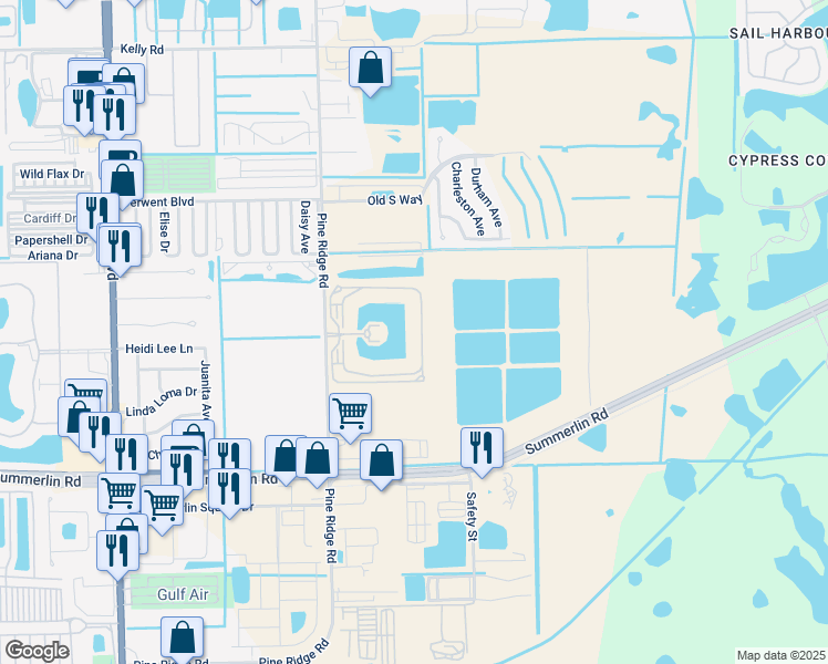map of restaurants, bars, coffee shops, grocery stores, and more near 16625 Lake Circle Drive in Fort Myers