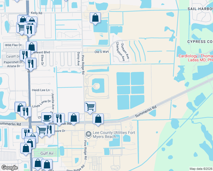 map of restaurants, bars, coffee shops, grocery stores, and more near 16625 Lake Circle Drive in Fort Myers