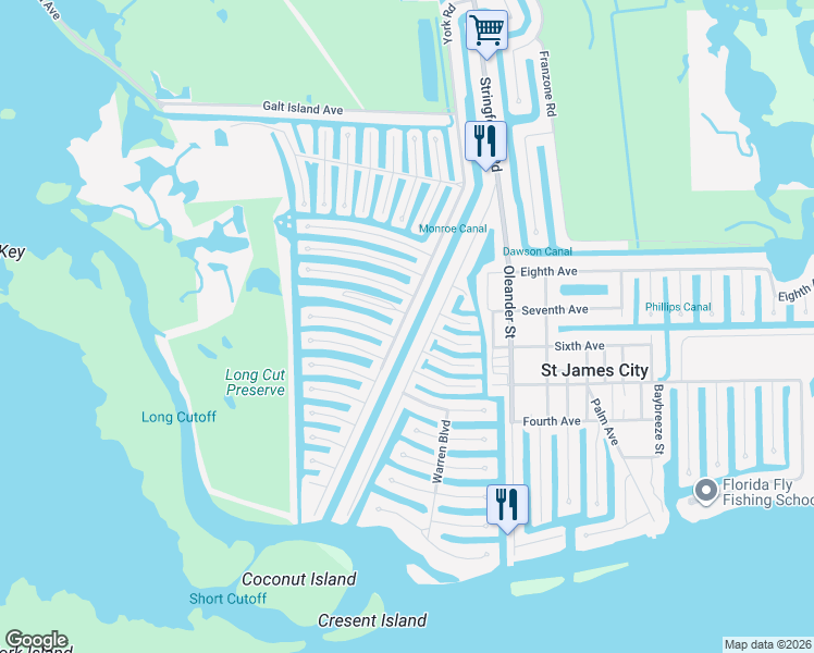 map of restaurants, bars, coffee shops, grocery stores, and more near 2682 York Road in Saint James City