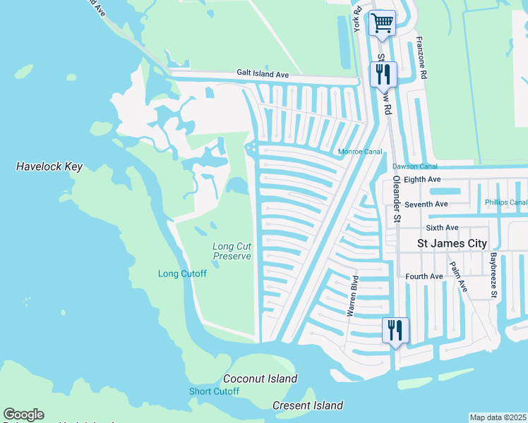 map of restaurants, bars, coffee shops, grocery stores, and more near 3977 Coconut Drive in Saint James City