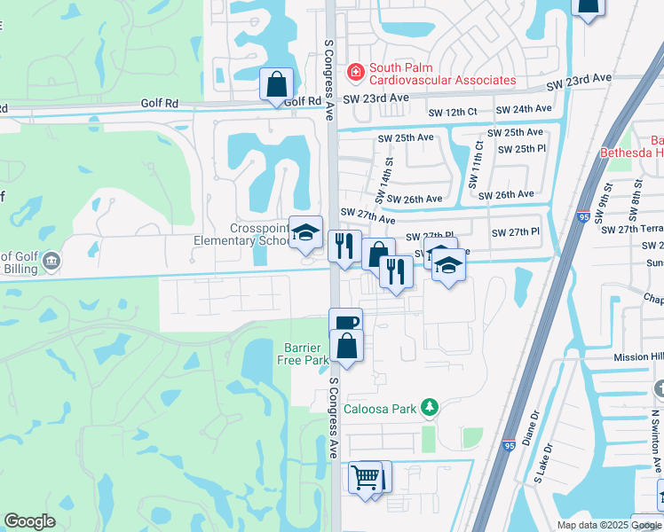 map of restaurants, bars, coffee shops, grocery stores, and more near 3000 South Congress Avenue in Boynton Beach