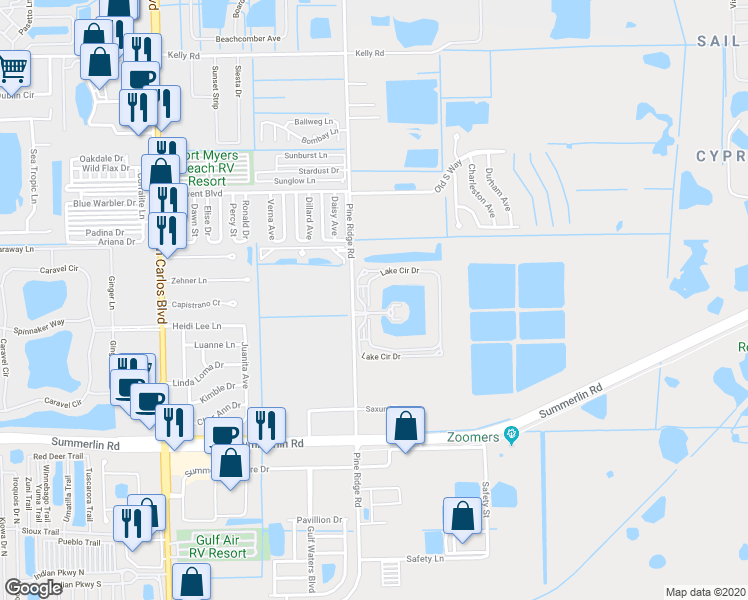 map of restaurants, bars, coffee shops, grocery stores, and more near 16575 Lake Circle Drive in Fort Myers
