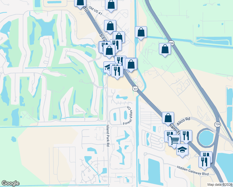 map of restaurants, bars, coffee shops, grocery stores, and more near 6043 Timberwood Circle in Fort Myers