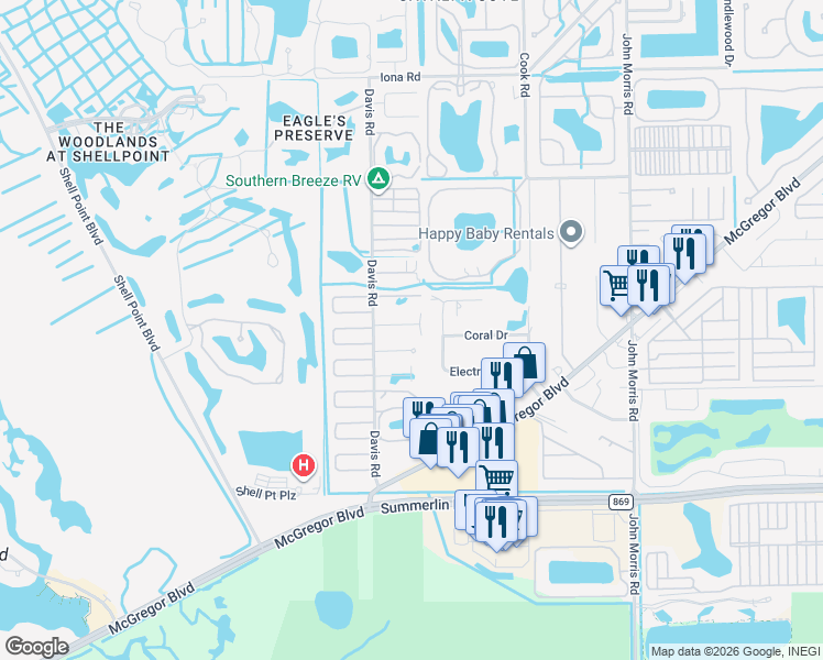 map of restaurants, bars, coffee shops, grocery stores, and more near 13425 Pine Needle Lane in Fort Myers
