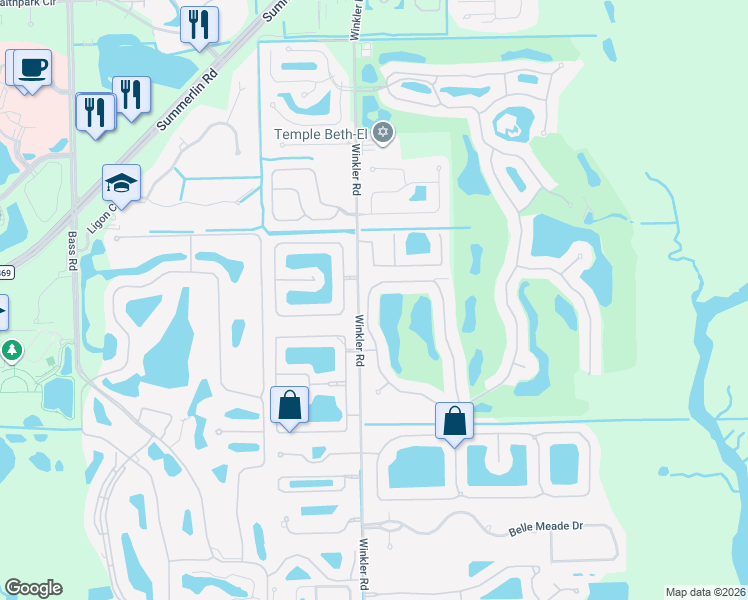 map of restaurants, bars, coffee shops, grocery stores, and more near 16708 Wellington Lakes Circle in Fort Myers
