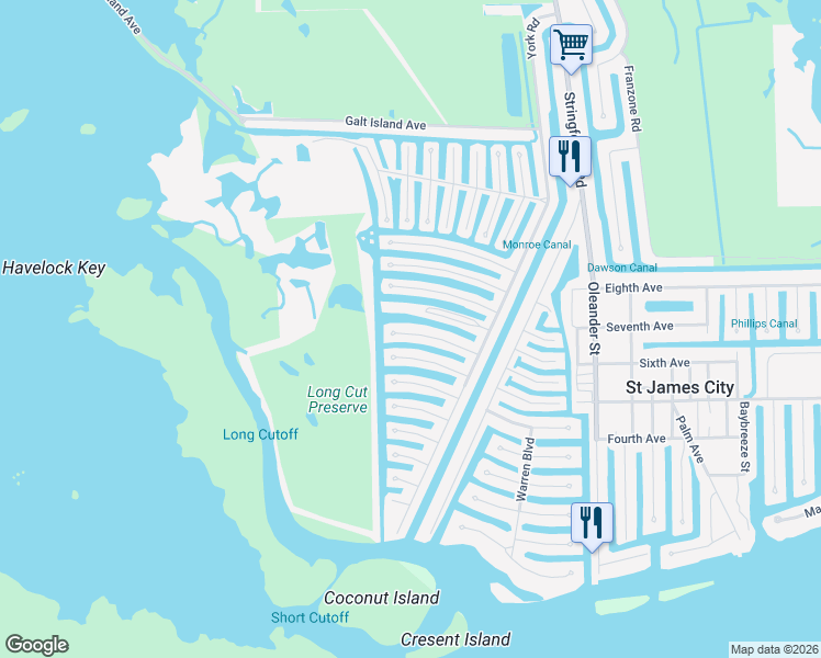 map of restaurants, bars, coffee shops, grocery stores, and more near 3916 Coconut Drive in Saint James City