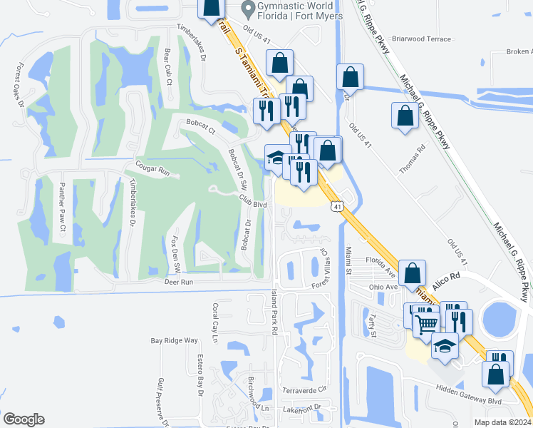 map of restaurants, bars, coffee shops, grocery stores, and more near 16708 Bobcat Drive in Fort Myers