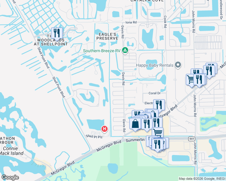 map of restaurants, bars, coffee shops, grocery stores, and more near 13701 Nightbird Drive in Fort Myers