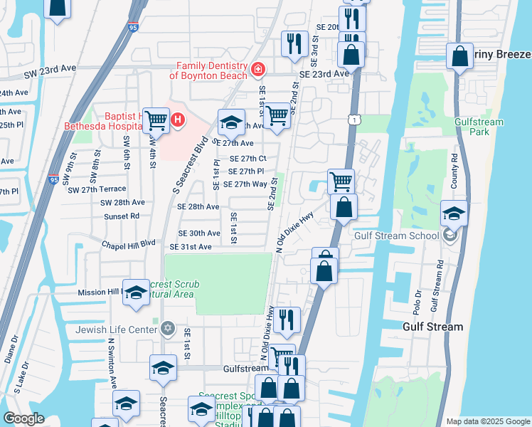 map of restaurants, bars, coffee shops, grocery stores, and more near 176 Southeast 28th Court in Boynton Beach