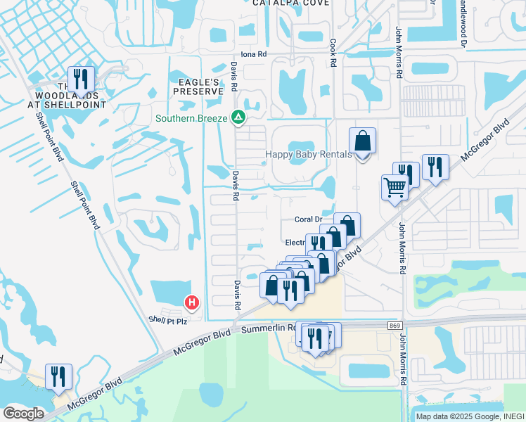 map of restaurants, bars, coffee shops, grocery stores, and more near 13433 Heald Lane in Fort Myers
